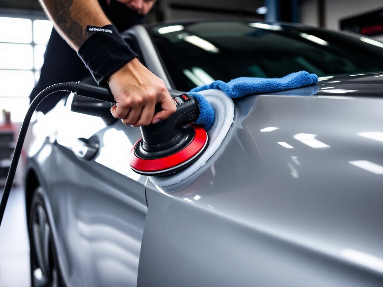 Professional detailer polishing a luxury car